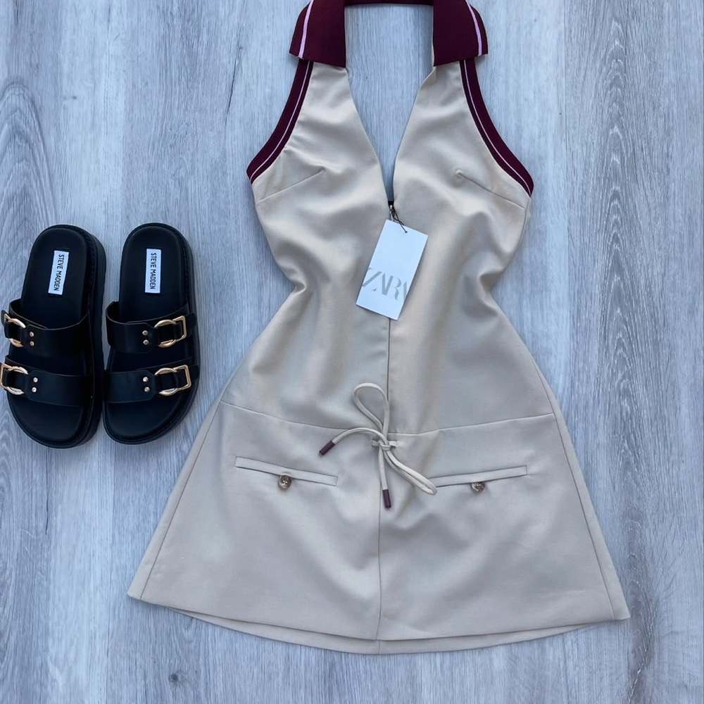 Zara Beige Dress with Burgundy Trim and Black Sandals